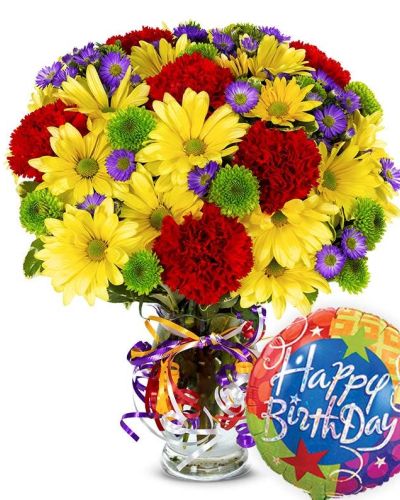 <p>Bursting with a rich variety of seasonal blooms, this bouquet features a lively mix of bright yellow, bold red, lush greens, and playful purple. Each stem is hand-selected for freshness and arranged with care in a stylish vase that’s ready to party.</p>