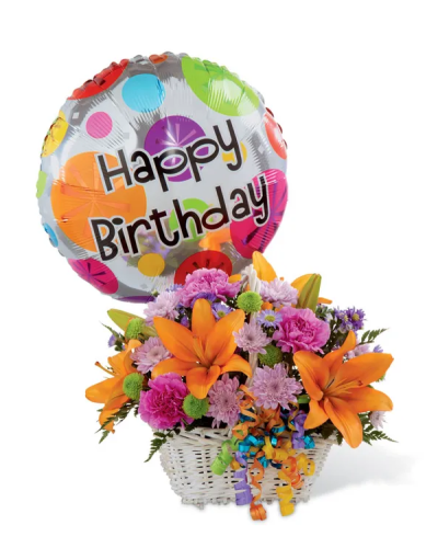 <p>This playful basket is filled with bold colors, festive details, and a joyful spirit designed to make anyone’s special day even brighter. The arrangement includes a lively mix of orange Asiatic lilies, lavender chrysanthemums, lavender carnations, purple monte casino asters, green button poms, and lush greenery.</p>